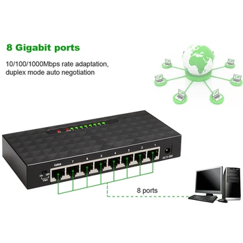 8 portový Sieťový Switch 10/100/1000Mbps Gigabit Ethernet Sieť Lan Prepínač Hub Vysoký Výkon Ethernet Smart Switcher