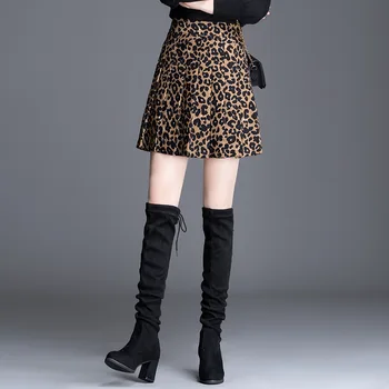 Leopard Skladaná Sukňa Jeseň Zima Ženy Vysoký Pás Slim Bežné Mini Sukne Office Lady Elegantná, Chic Plus Veľkosť 3XL Krátke Sukne