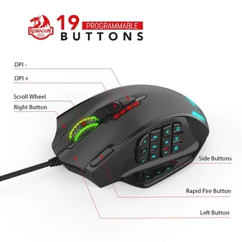 Redragon M908 12400 DPI VPLYV Hernej Myši 19 Programovateľných Tlačidiel RGB LED Laserová Drôtová Myš MMO Vysokú Presnosť Myši, PC Gamer