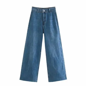 XNWMNZ Za ženy Móda premium morských rovné džínsy Vintage vrecká bezšvíkové lemy Vysoký Pás Zip lietať tlačidlo Denim Žena
