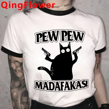 Čierna Mačka Pew Pew Madafakas T-Shirt Ženy Vtipné Mačku Gangster s Pištoľou Legrační Karikatúra T-shirt Hiphop Tričko Grafický Hornej Tee Žena
