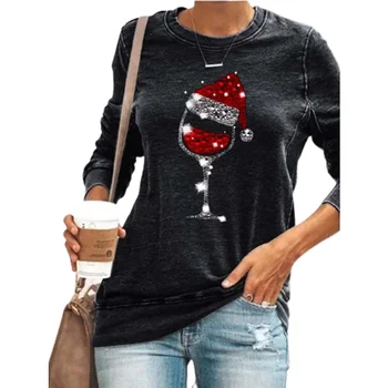 Jeseň Nové Tričká Ženy Vianoce Vianočné Hat Klobúk Na poháre na Víno, Tlač Dlhý Rukáv Top Veľké Veľkosti 3XL Black Bežné Tees 2020