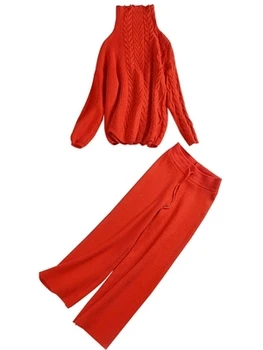 Ženy to oblek 2019 nový štýl zimný sveter nastaviť konope vzor turtleneck sveter módne širokú nohu, nohavice dvoch-dielny oblek