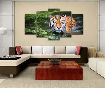 Modulárny Vintage Fotografie Domova 5 Panel Zvierat Tiger Maľby Na Plátno na Stenu Umenie Rámec Pre Obývacia Izba HD Tlačené