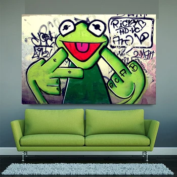 Street Graffiti Art Žabiak Kermit Prst olejomaľba na Plátne Plagáty a Vytlačí Cuadros Wall Art Obrázky Pre Obývacia Izba