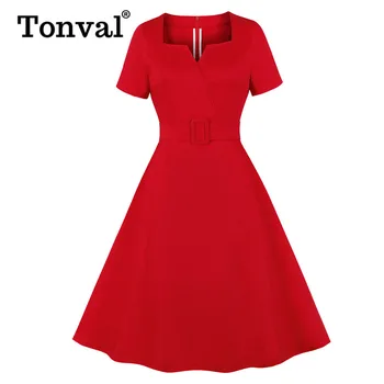 Tonval 1950 Vintage Drážkou Červená Elegantné Midi Rockabilly Šaty Žien Lete Vrecko Bočné Vysoký Pás Bavlna Dievčinu Šaty