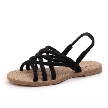 Visel Yau Ploché Konopné Lano Cross-Viazané Sandále, Topánky Pre Ženy Pohodlný Popruh Otvorené Prst Dámy Bežné Klasické Čierne stručné Topánky