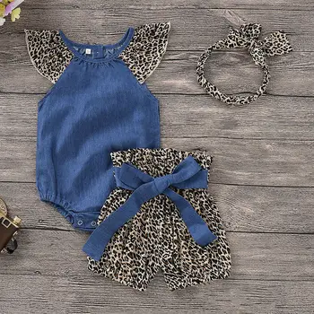 3KS 0-24M Lete Dieťa Dieťa Dievčatá Oblečenie Sady Topy Romper Leopard Nohavice hlavový most Oblečenie Súpravy Oblečenie