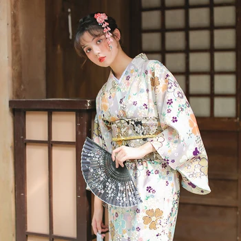 Ženské Japonsko Kimono šedá Farba Krásny Kvet Vytlačí Japonsko Traidtional Yukata Cosplay Oblečenie Etapa Vykonanie Nosenie