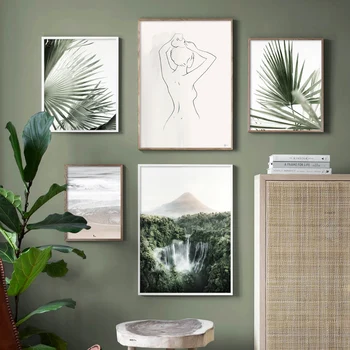 Vodopád Zelené Palmové Listy Pokojné Pláže Vtákov Nordic Plagát Na Stenu Art Print Plátno Na Maľovanie, Dekorácie Obrázky Pre Obývacia Izba