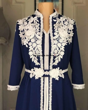 Námornícka modrá večerné šaty nové satin 3D kvet dlhý rukáv Riadok kaftane marocain arabe abendhttpder Moslimských plesové šaty, vlastné