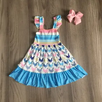 Baby dievčatá letné šaty dievčatá farme šaty s chook tlač dievčatá rainbow prúžok šaty s lukom