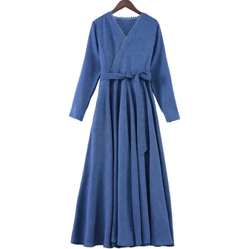 Jeseň Zima Plus Veľkosť Maxi Šaty 2021 Vintage Pevná Bavlnená Posteľná Bielizeň Bežné Midi Šaty S Dlhým Rukávom Ženy Bodycon Strany Vestidos