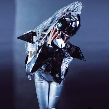 Future Soldier Technológie Zmysel Strieborné Zrkadlo Fáze Jumpsuit Oblek Ženy Gogo Dance Team Strana Rave Kostým, Maska