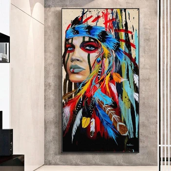 Pop Art Indické Dievča Plátno Umenie, Nástenné Maľby, Akvarely Indická Žena S Pierko, Plagáty A Tlačí Na Steny V Obývacej Izbe Dekor