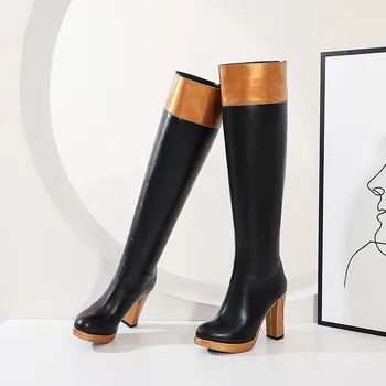 ASUMER 2020 hot predaj kolená vysoké čižmy, ženy, zmiešané farby kolo prst strany prom obuv jeseň zima vysokým podpätkom platformu topánky žena
