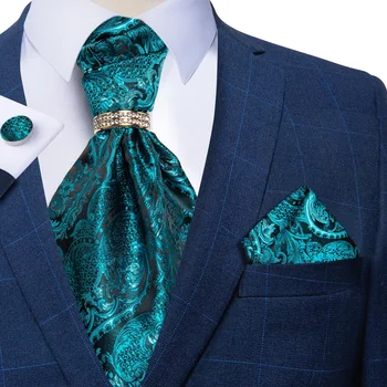Muži Luxusné Sivozelená Modrá Ročník Ascot Cravat Formálne Business Svadobné Hodvábna Kravata Vreckovku Kravatu, Manžetové Gombíky Prsteň DiBanGu