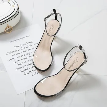 Letné PVC Transparentné vysokým podpätkom Crystal dámske topánky sandále nový crystal silné päty slovo Módne sandále kolo päty sandále