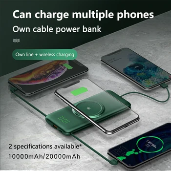 20000mAh Prenosné Qi Bezdrôtová Nabíjačka Power Bank Vstavaný Kábel 4 Powerbank 20000 mAh Externá Nabíjačka Pre iPhone Xiao