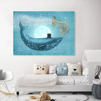 Modrá Hviezdnej Oblohe Mesiac Dolphin Horn Snového Plátno na Maľovanie Škôlky Wall Art Vytlačí Plagát, Obraz, Deti, spálne, Domáce Dekorácie