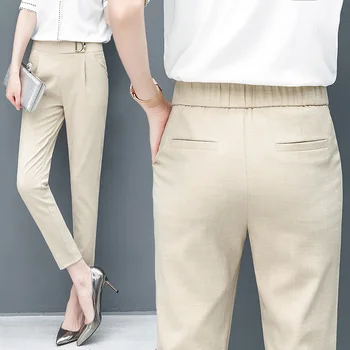 Dámske nohavice letné nové 2019 príležitostné voľné hárem nohavice žena deväť bodov tenké časti vysoký pás bavlnené a ľanové nohavice