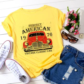 Dedo Auto Tlač Retro Cartoon Krátky Rukáv, Žltá T-shirt Ženy Bežné Grafické Topy Ženský Čaj Lete Ženy, tričká, Topy
