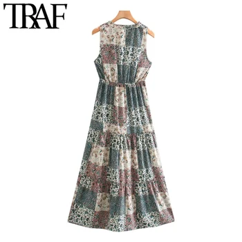 TRAF Ženy Elegantný Módy Kvetinový Tlač Rozstrapatené Midi Vintage Šaty bez Rukávov Elastický Pás Ženské Šaty Vestidos Mujer