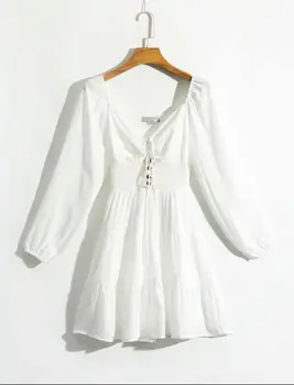 Vintage biele mini šaty duté z tlačidiel módne dlhé lístkového rukáv obväz prehrabať šaty župan femme dropshipping