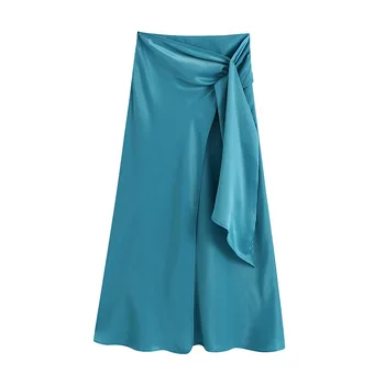 Ženy 2020 Elegantný Módy Uzol Zábal Midi Sukne Vintage Vysoký Pás Predné Štrbinou Žena A-Line Sukne Faldas Mujer