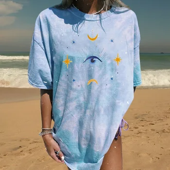 2020 Ženy Ležérne Módne tričko Blue Sun Moon Tlač Voľné O-krku Krátky Rukáv Elastické Pretiahol Tričko Letné Topy Nové