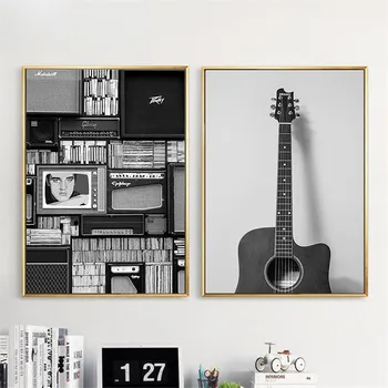 Nordic Plátno Na Maľovanie Klasická Hudba Gitaru Plagát, Tlač Wall Art Obývacia Izba Obrázok Čierne Biele Retro Domova Olejomaľba