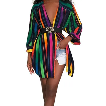 Farebné Pruhované Tričko S Dlhým Rukávom Šaty 2019 Ženy Patria Streetwear Voľné Bežné Šaty Dámske Tlačidlo Klub Party Šaty, Blúzky