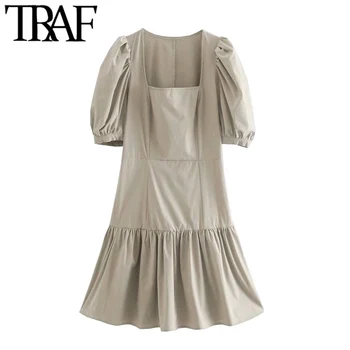 TRAF Ženy Elegantný Módy Volánikmi Skladaný Mini Šaty Vintage Námestie Golier Lístkového Rukávy Strane Zips Ženské Šaty Mujer