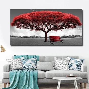 Červený Strom a Stoličky Krajiny Plátne Obrazy Plagáty a Vytlačí Cuadros Wall Art Obrázky pre Obývacia Izba Domova bez rámu