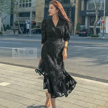 Nový príchod Dráhy, letná Kórea Ženy Strany Vintage Šaty módne Office OL šifón Volánikmi Bodycon luxusné Šaty vestidos