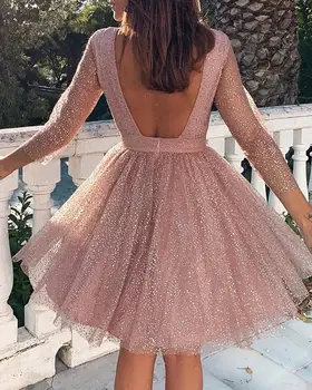 Backless lesk, priehľadnej sieťoviny šaty ženy, Šplhať A-line ružové party šaty Elegantný dlhý rukáv festival oblečenie šaty vestidos