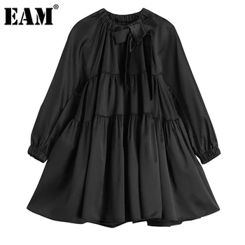 [EAM] Ženy Black Bow Skladaný Veľká Veľkosť Šaty Nové Okrúhlym Výstrihom, Dlhý Rukáv Loose Fit Módne Príliv Jar Jeseň 2021 1DD2909