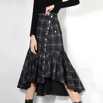 LANMREM čierny kockovaný vysoký pás morská víla Jeseň 2020 nový kórejský štýl polovici teľa multi tlačidlo sukne pre ženy-móda príliv 2A1383
