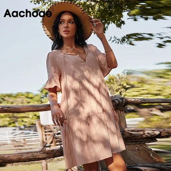 Aachoae Farbou Voľné Mini Šaty Žien Motýlik V Krku Bežné Plážové Šaty Volánikmi Krátky Rukáv Dámske Letné Šaty 2021