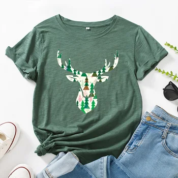 JFUNCY Bavlna dámske Topy Vianočné Elk Vytlačené T-shirt Žena Bežné Tričko Ženy Plus Veľkosť Krátky Rukáv Grafické Tees