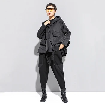 Black Patchwork Asymetrické Plus Veľkosť Bunda Ženy Móda S Kapucňou Dlhý Rukáv Šnúrkou Voľné Kabát Oblečenie Na Jar Jeseň 2020