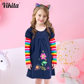 VIKITA Dievča Šaty Detské Dievčenské Šaty Butterfly Rainbow Deti, Dlhý Rukáv Oblečenie Dievčatá Patchowrk Dieťa Vestidos 2-8Y LH5805