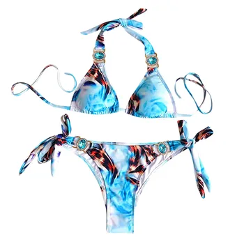 Plávanie Oblek Pre Ženy Sexy Split trojuholník zhromaždiť crystal reťazca popruh High Cut Bikini Set Dvoch Kus Plavky Bikiny Žien 2021