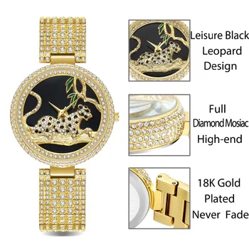 MISSFOX Hodinky Pre Ženy, Top Značky Luxusné Zlaté Originálne 3D Leopard Strany Náramkové hodinky S Ľadom Z Popruhu Waterprrof Dropshipping