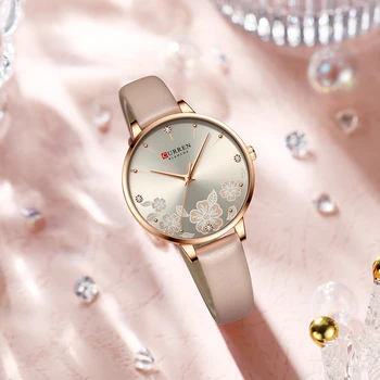 Hodinky CURREN Ženy Značky Kože náramkové hodinky Quartz Luxusný Dizajn Hodiny pre Dámy Kúzlo Kvety Dial Montre Femme