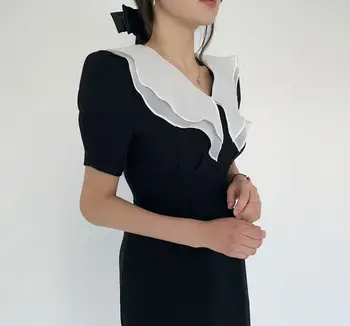 HziriP Organza Klope Letné Šaty Žena 2020 Nové OL Elegantné Šaty Vintage Krátky Rukáv Slim Office Black Party Šaty Vestidos
