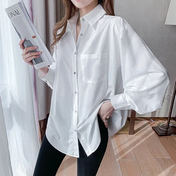 2021 Kórejský Módne Oblečenie Priateľ Lenivý Nadrozmerná Ženy Košele Široký Elegantná Blúzka Streetwear Dámske Oblečenie Vrecká