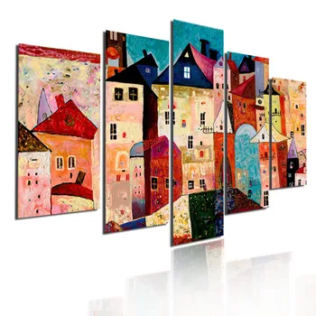 Moderné Umenie Tlač Plagátu Abstraktné Farebné Budovy Plátno na Maľovanie nástenná maľba 5 ks/Súbor Nepremokavé Atrament Mestskej obývačke Domova