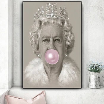 Alžbety II Portrét Plátno na Maľovanie Bubblegum Kráľovná Plagáty a Tlač Cuadros Fúkanie Bublín Wall Art Obrázok pre Obývacia Izba