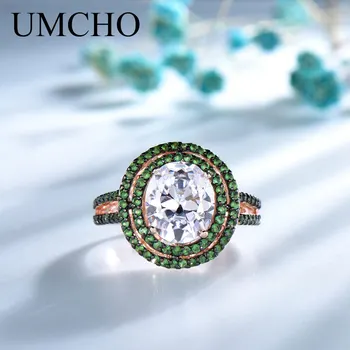 UMCHO S925 Mincový Striebro Kubický Zirkón Vložkou Emerald Krúžok Skutočné Jemné Šperky Pre Ženy